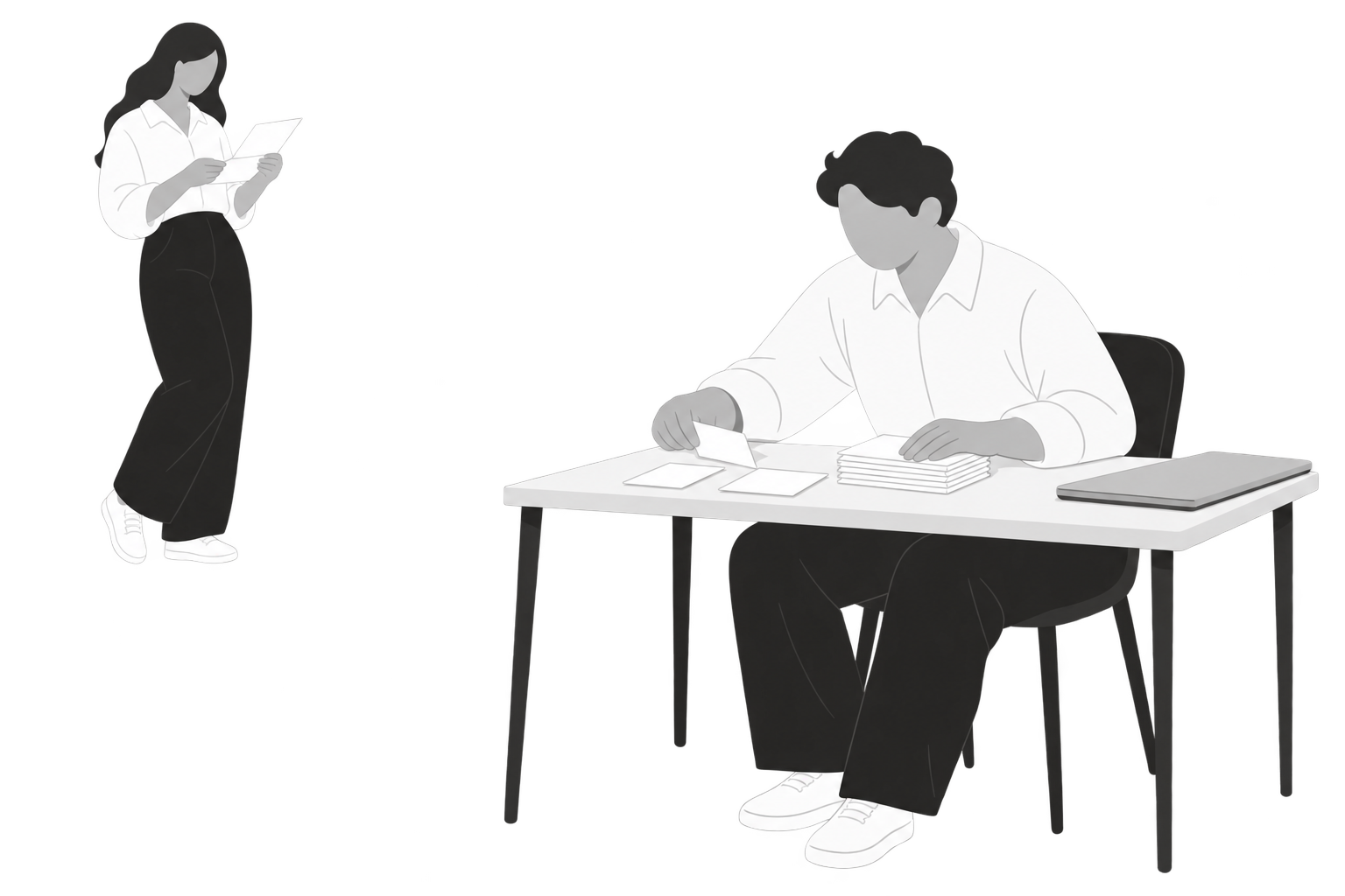 企業への案内に使う書類を確認する2人